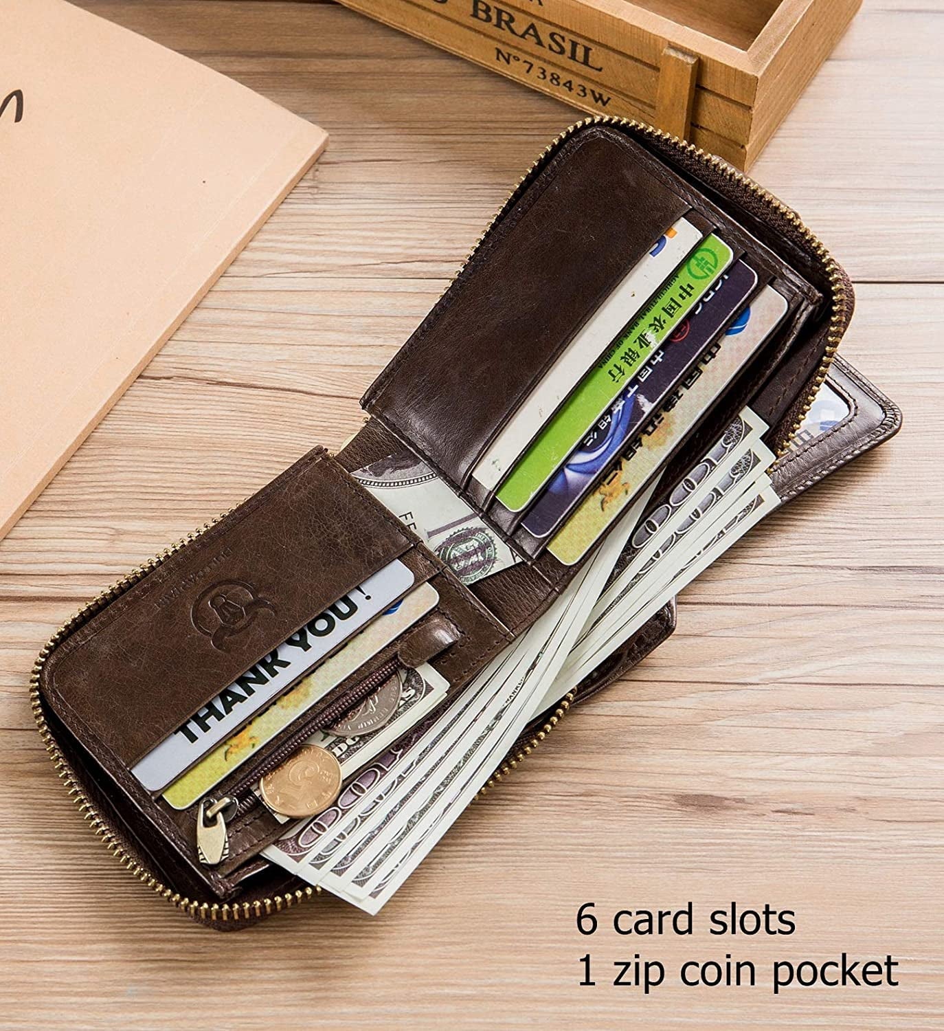 BULLCAPTAIN Men Zipper Around Wallet Genuine Leather RFID Blocking Bifold Large Capacity Coin Purse with ID Window (Black) - Image 4
