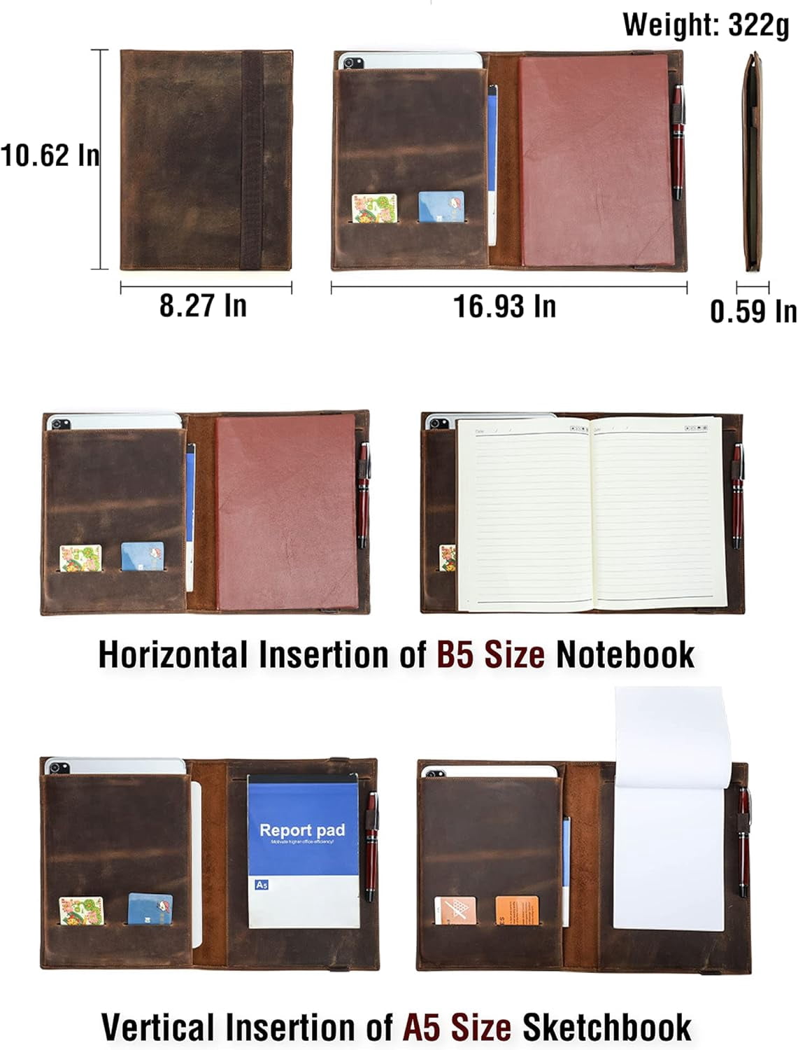 11 Inch Padfolio for Men & Women, Handmade Vintage Portfolio Organizer with Elastic Band - Image 4