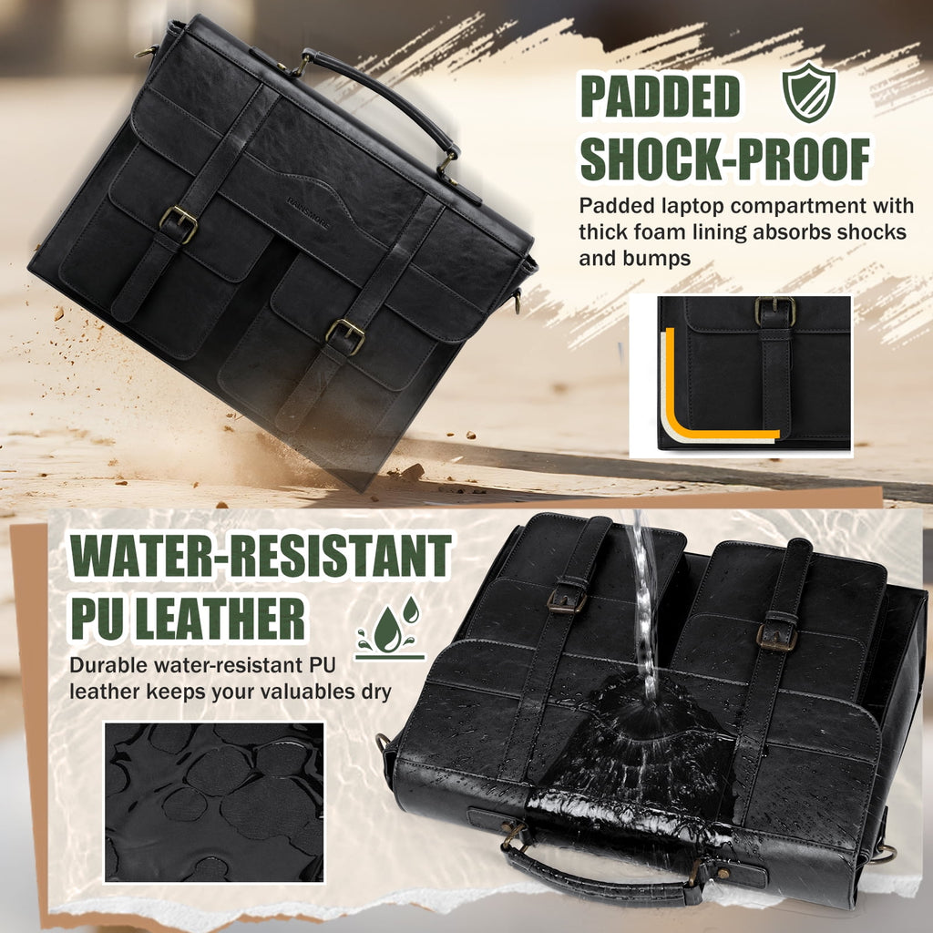17 Inch Vintage Leather Laptop Magnetic Closure Large Satchel Computer Briefcase Shoulder ,Black - Image 4