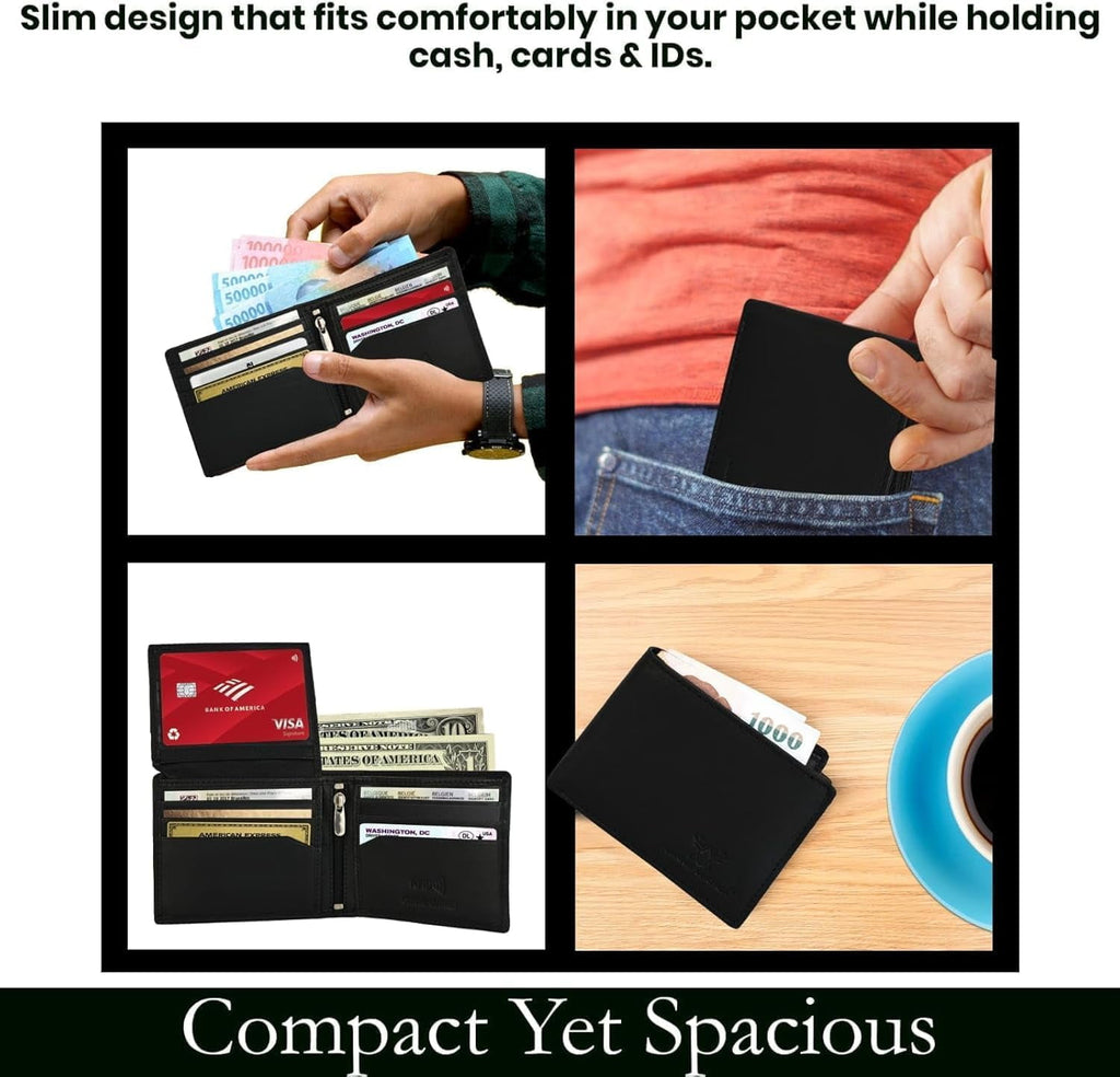 Genuine Leather RFID Blocking Wallet for Men | Slim Bifold Design with Zipper Coin Pocket, ID Window & Multiple Card Slots - Image 3