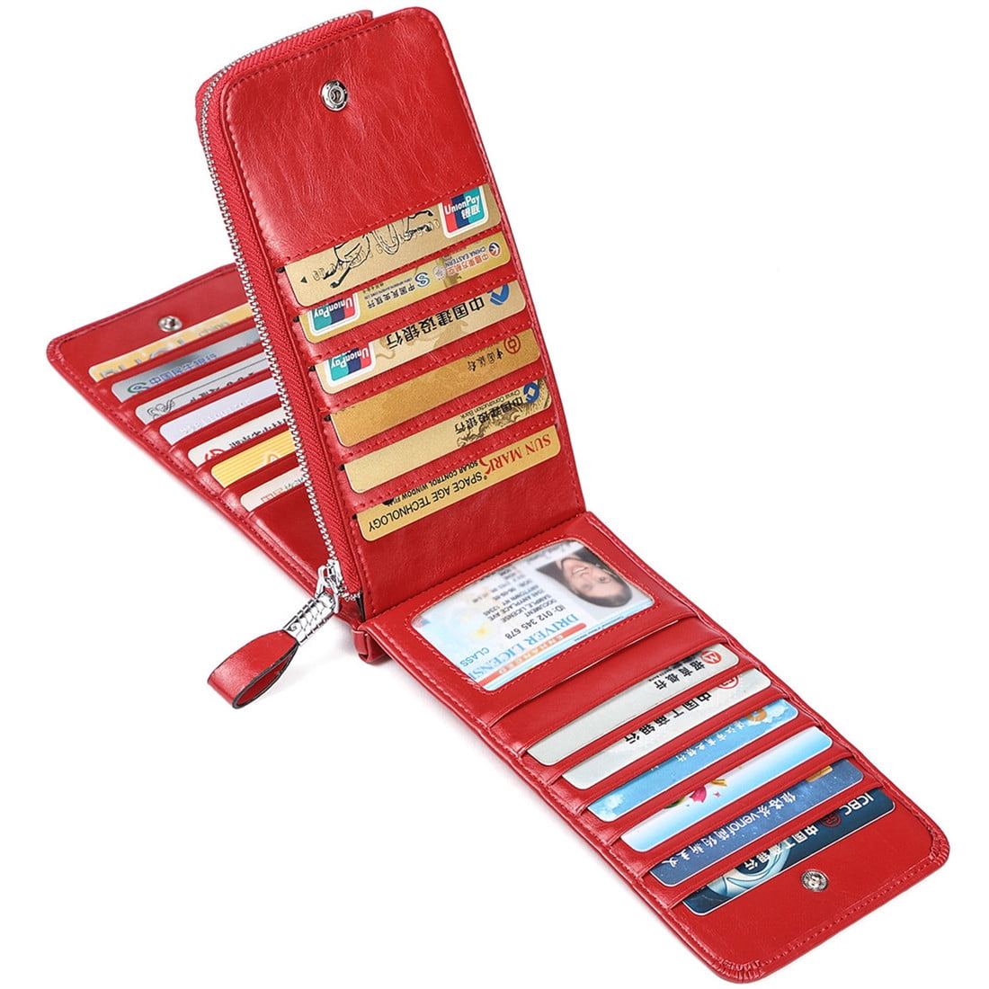 Womens Leather Credit Card Holder Wallet RFID Blocking Wallet Women Card Case Purse Oil Wax Red - Image 2