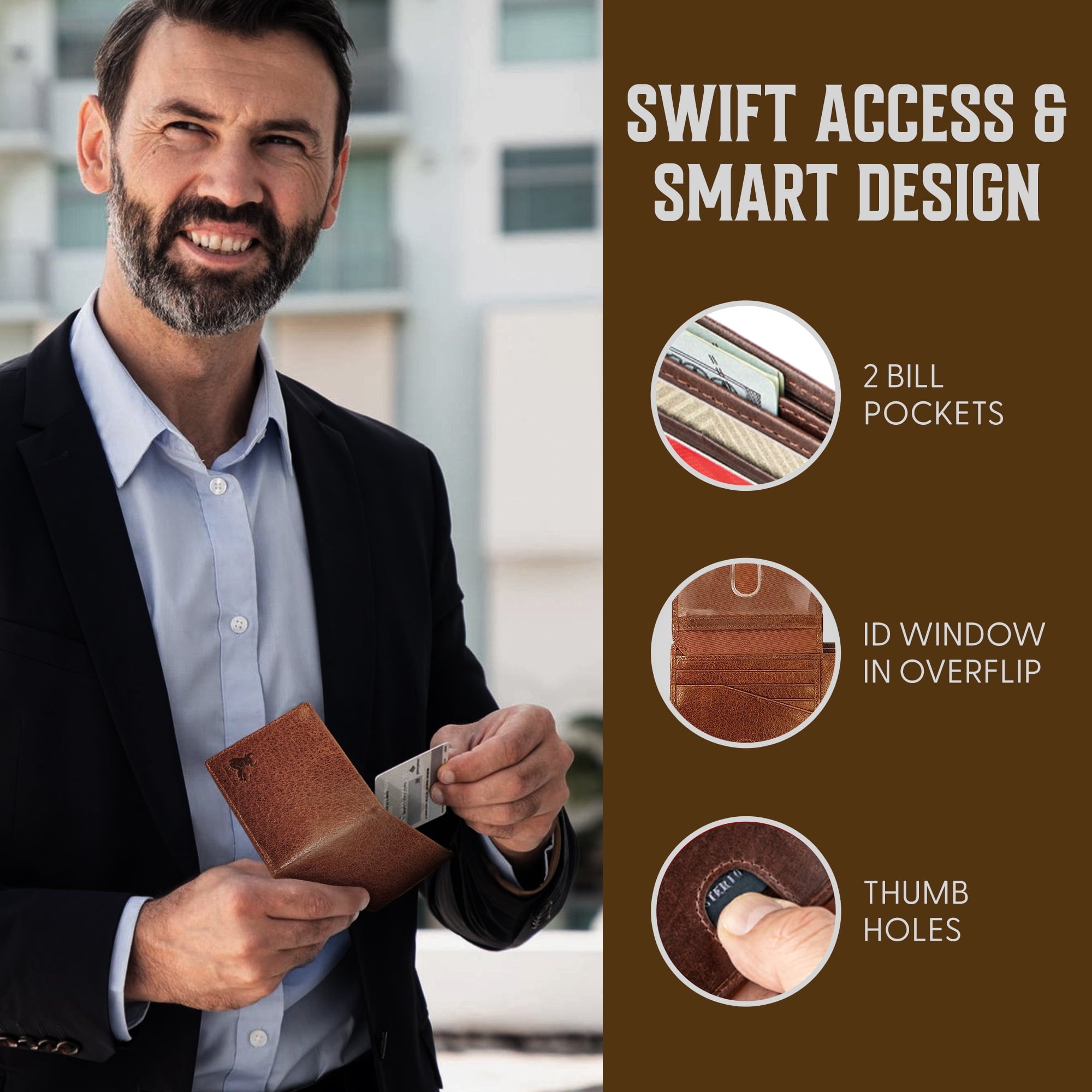 RFID Bifold Leather Wallet For Men with Flip Up ID in Vintage Buffalo Brown - Image 6