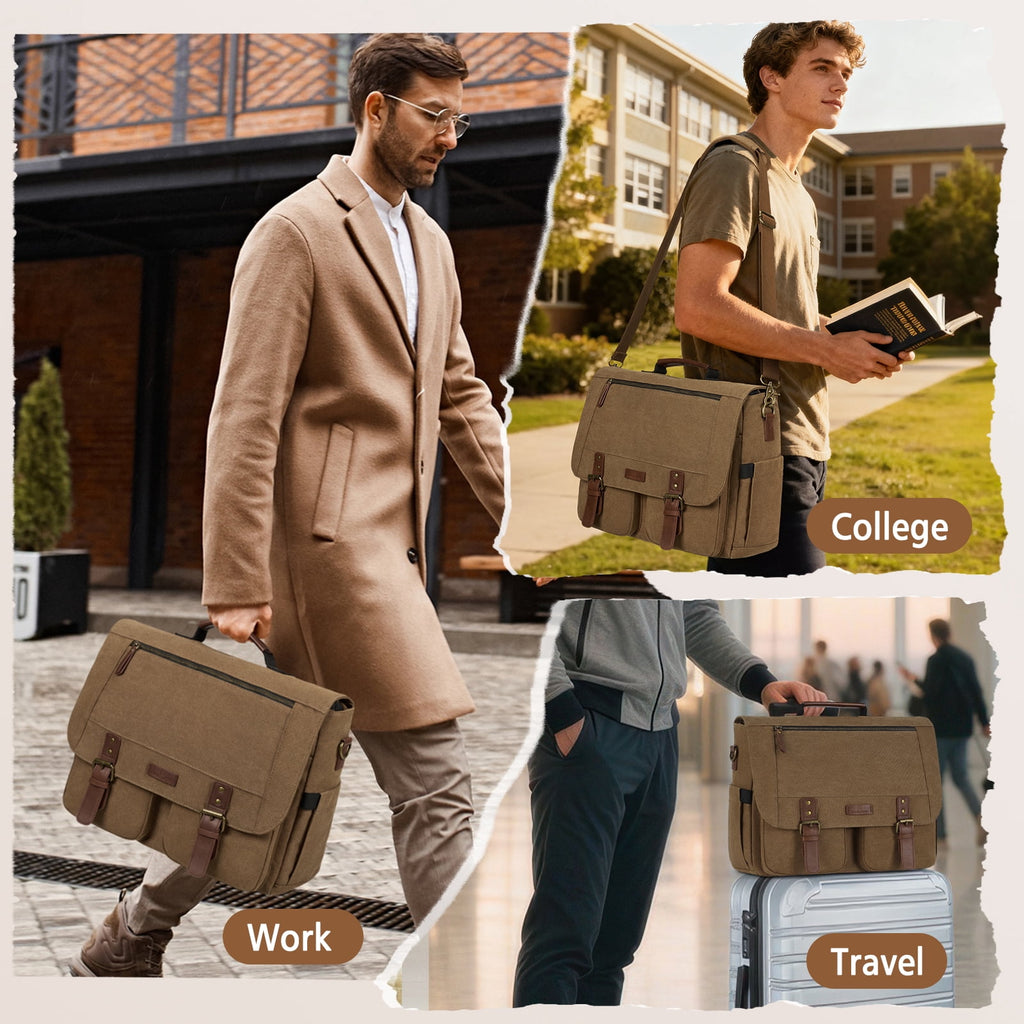 for Men 15.6inch Laptop Water-resistant Canvas Computer Satchel Briefcase for Work College,Brown - Image 2