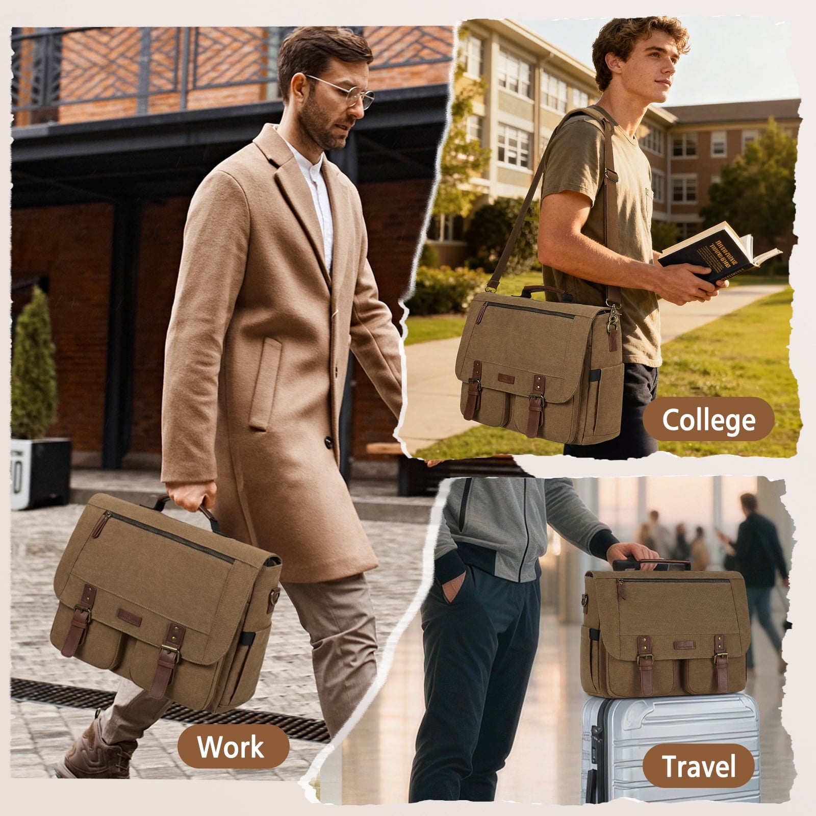 for Men 15.6inch Laptop Water-resistant Canvas Computer Satchel Briefcase for Work College,Brown - Image 2