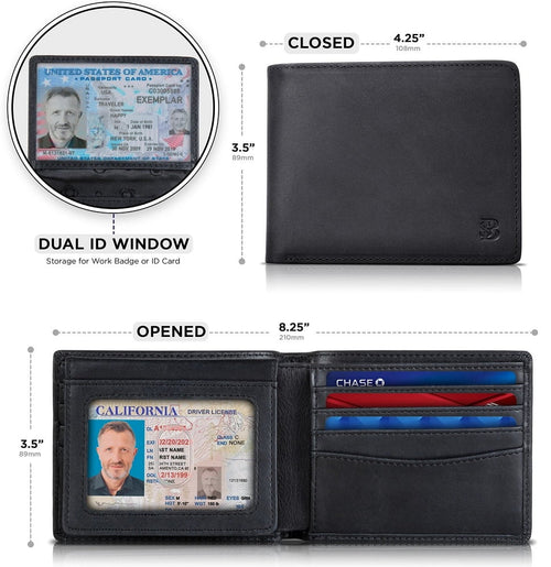 2 ID Window Wallet for Men | RFID Blocking | Premium Full Grain Leather | Bifold Top Flip | Extra Capacity Travel Wallet | Charcoal Black - Image 2