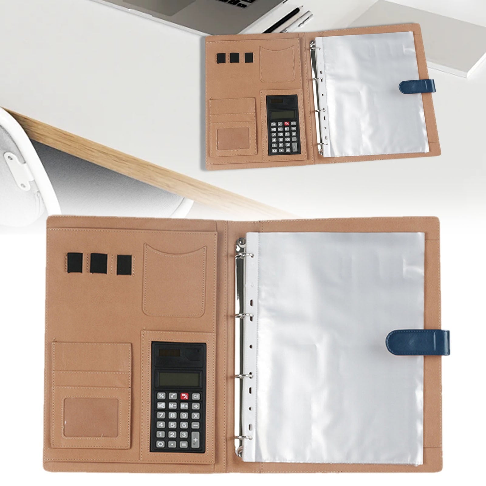 PU Leather Padfolio Ring Binder with Clipboard Resume Leather Portfolio with 20 Clear Plastic Sleeves, Blue - Image 2