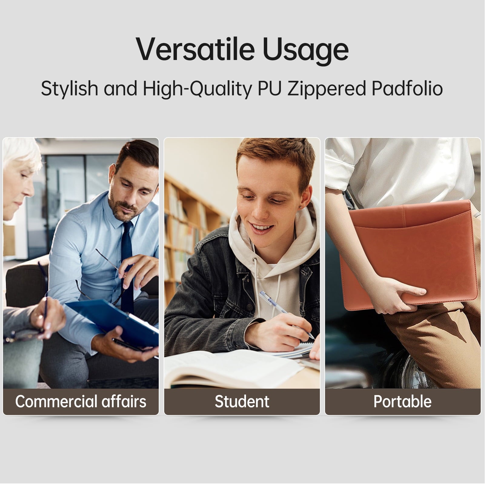 Brown Zippered Padfolio Tomshoo A4 PU Leather Portfolio Organizer with Calculator and Tablet Sleeve Holder - Image 5