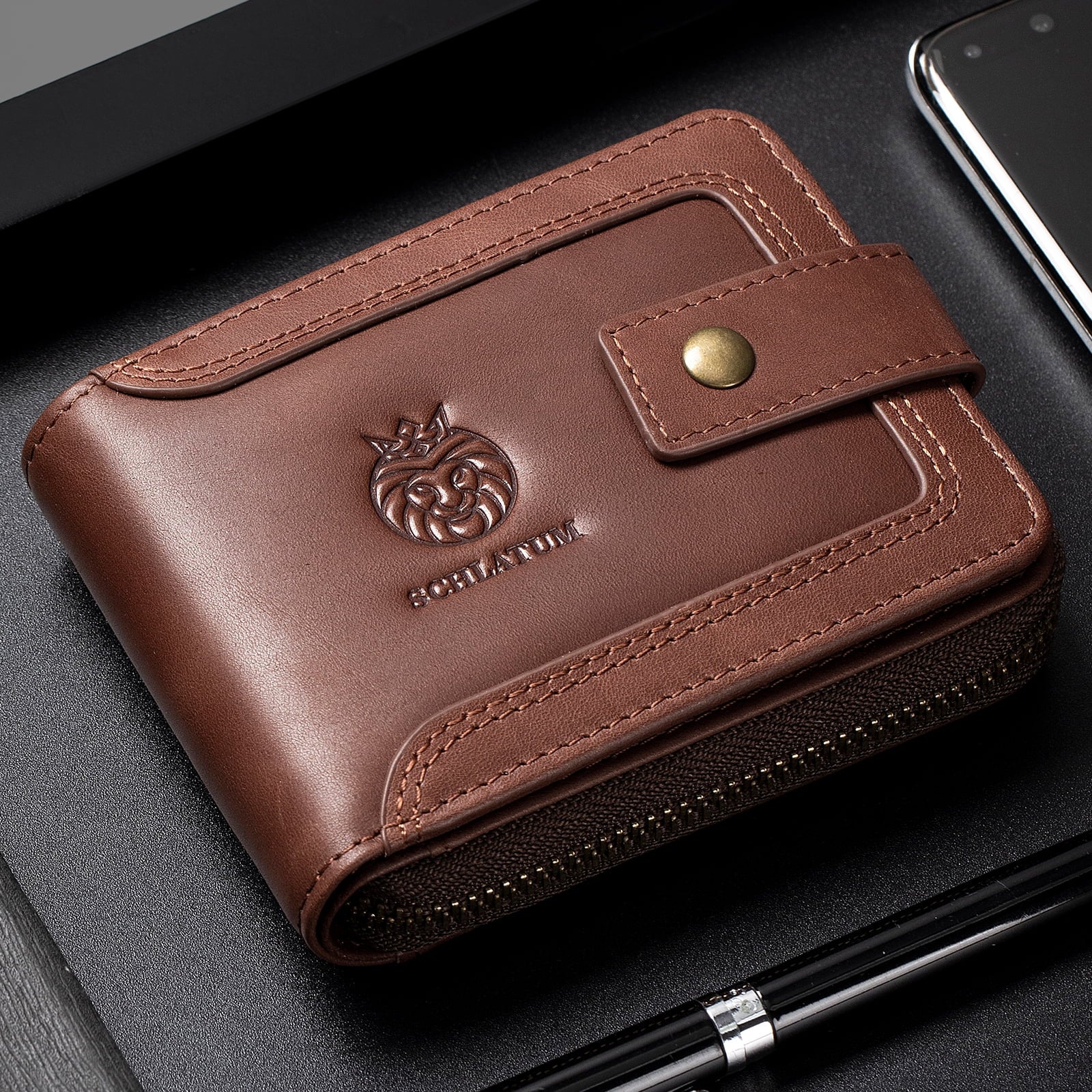 Genuine Leather Zipper Wallet for Men Rfid Blocking Large Capacity Vintage Wallet with Coin Pocket ID Window, Coffee - Image 3