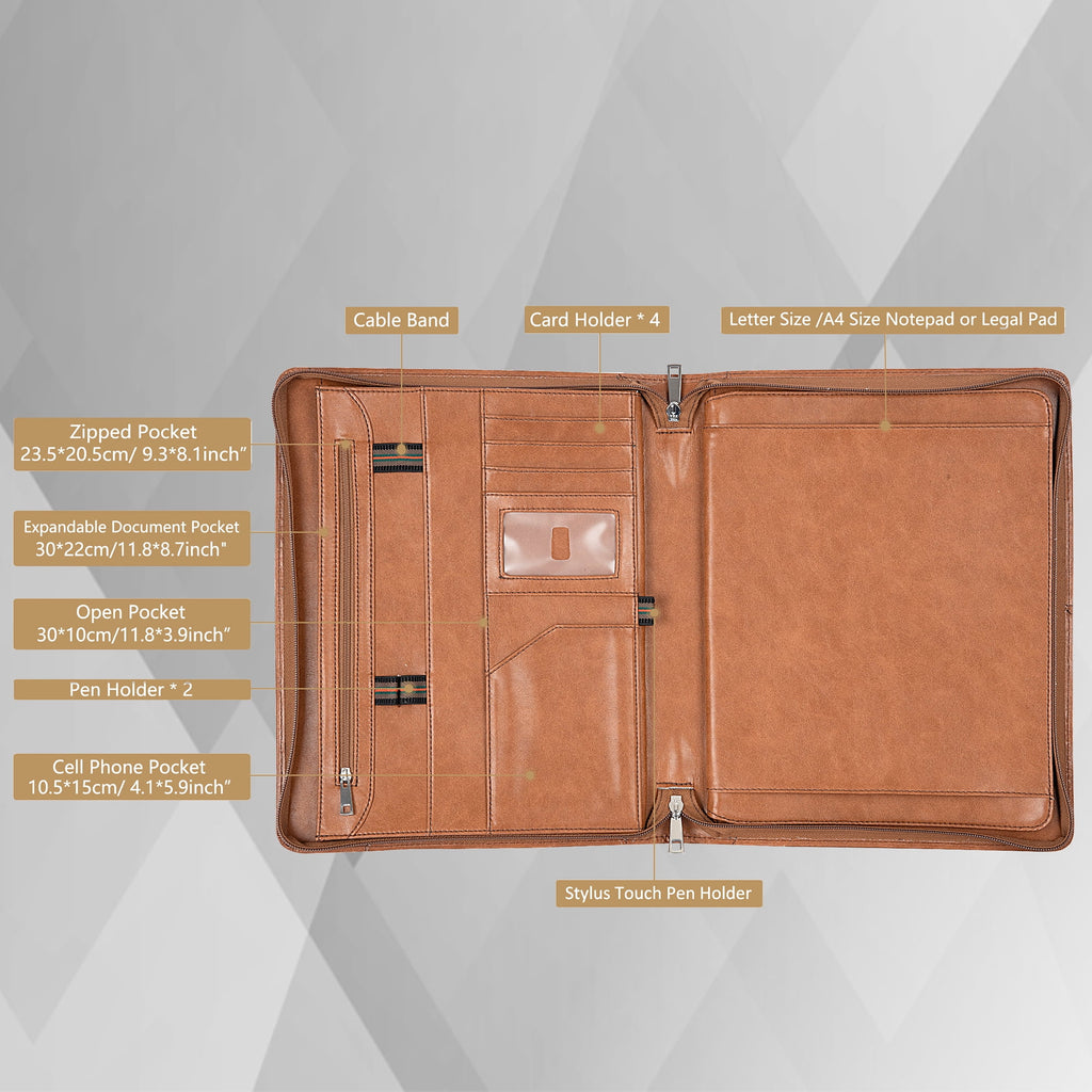 AZXCG Portfolio Business Folder Padfolio, Folder with Letter Size (A4) Paper Notepad Writing Pad,Zippered Travel Organizer, Vegan Leather Bu - Image 4