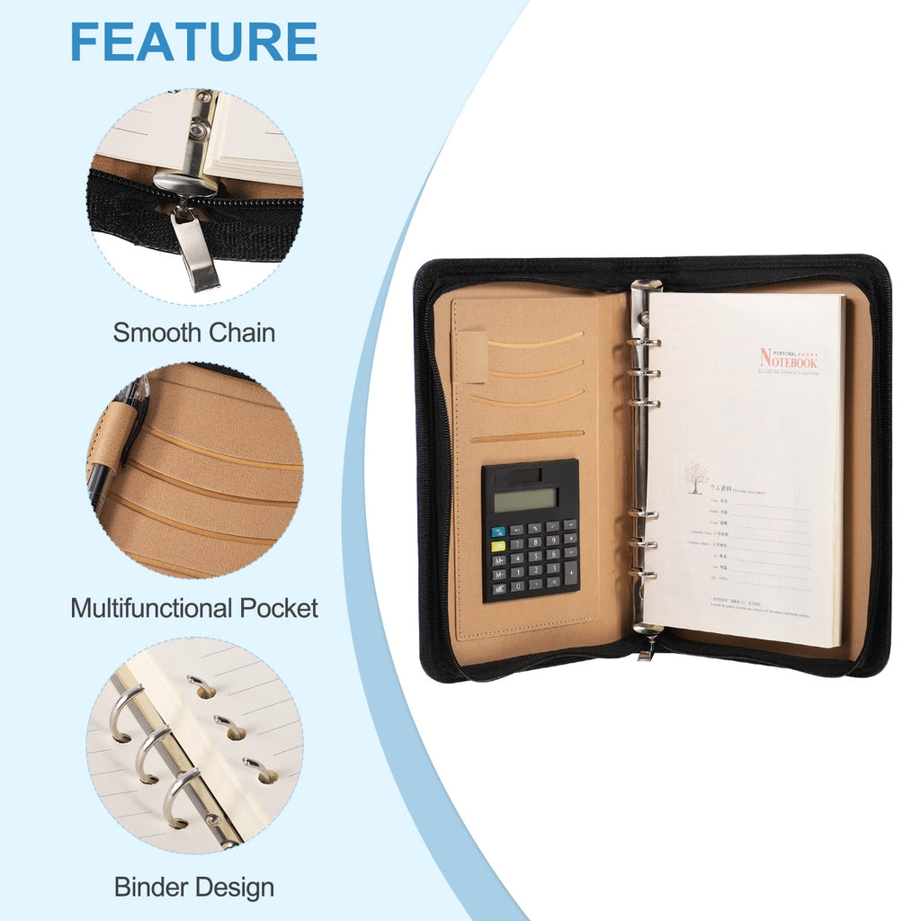 A5 Business Portfolio PU Leather Padfolio Organizer Legal Document Folder Zipper Professional, Black - Image 4