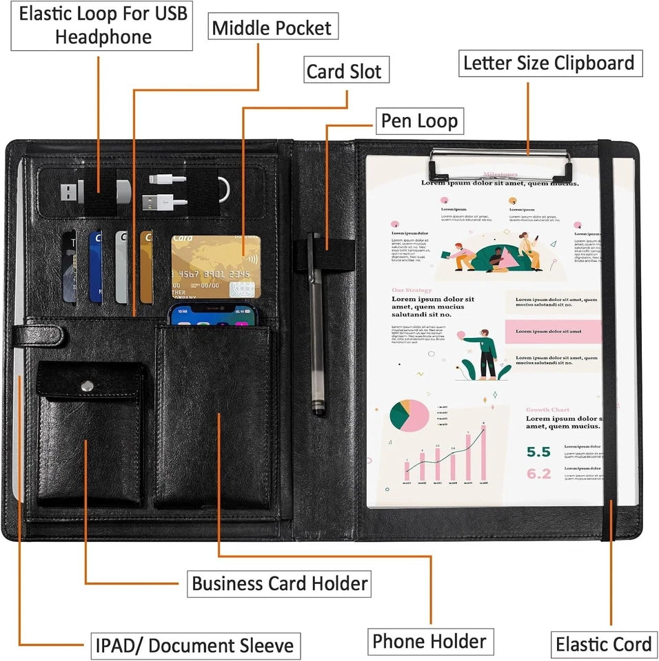 Leather Padfolio Business Portfolio Notebook Binder Office Organizer & Writing - Image 4