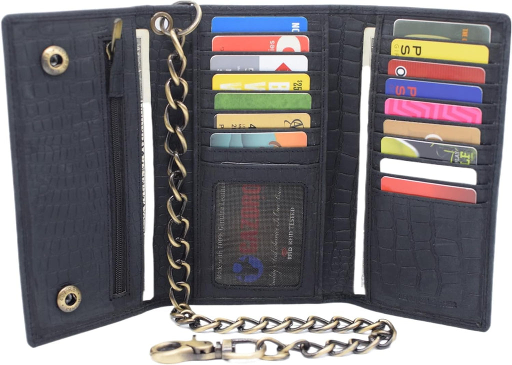 Biker Wallets for Men with Chain - Distressed Croco Leather Wallet Credit Card Slots, Money Sleeve, & Zippered Pocket... - Image 2