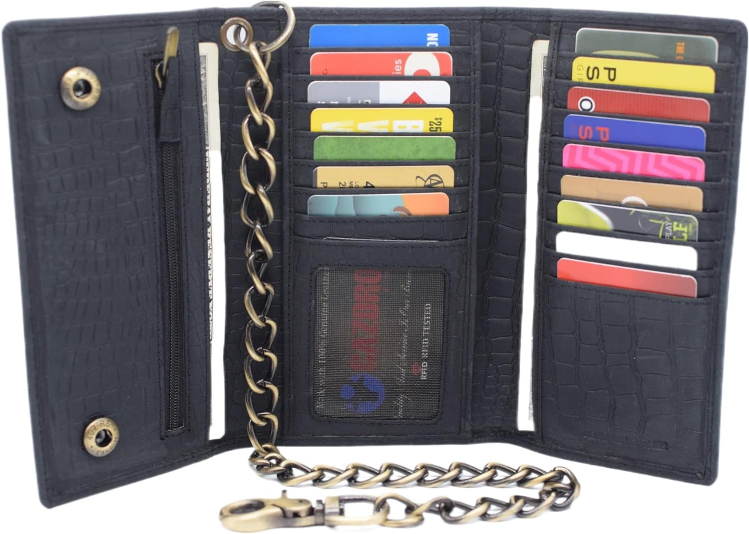 Biker Wallets for Men with Chain - Distressed Croco Leather Wallet Credit Card Slots, Money Sleeve, & Zippered Pocket... - Image 2
