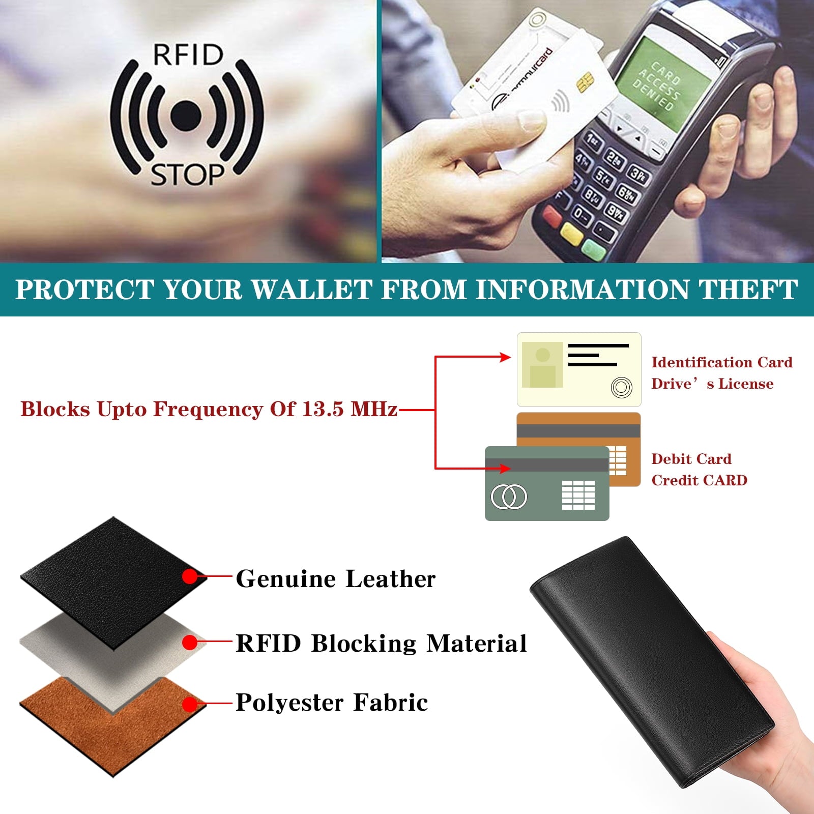 Wallet for Men Genuine Leather RFID Blocking Slim Wallet with Long Bifold Credit Card Holder for Men - Image 5