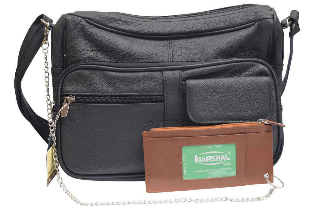 Women's Card Case Holder Slim Wallet with Chain & Card Protection Strap Genuine Leather - Image 5