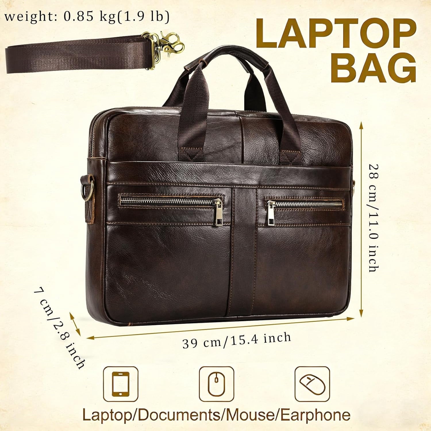 Leather Laptop Bag for Men Briefcase Fits 15.6 Inch Notebook Portable Shoulder Messenger body Bag for Travel Office - Image 3