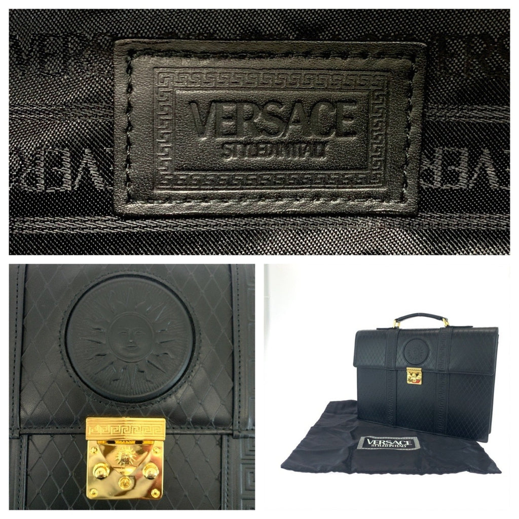 Pre-Owned Gianni Versace Vintage Sunburst Black Leather Business Briefcase with Gold Hardware... - Image 4