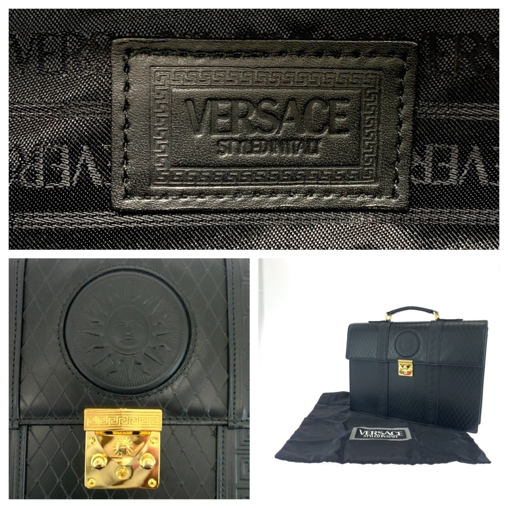 Pre-Owned Gianni Versace Vintage Sunburst Black Leather Business Briefcase with Gold Hardware... - Image 4