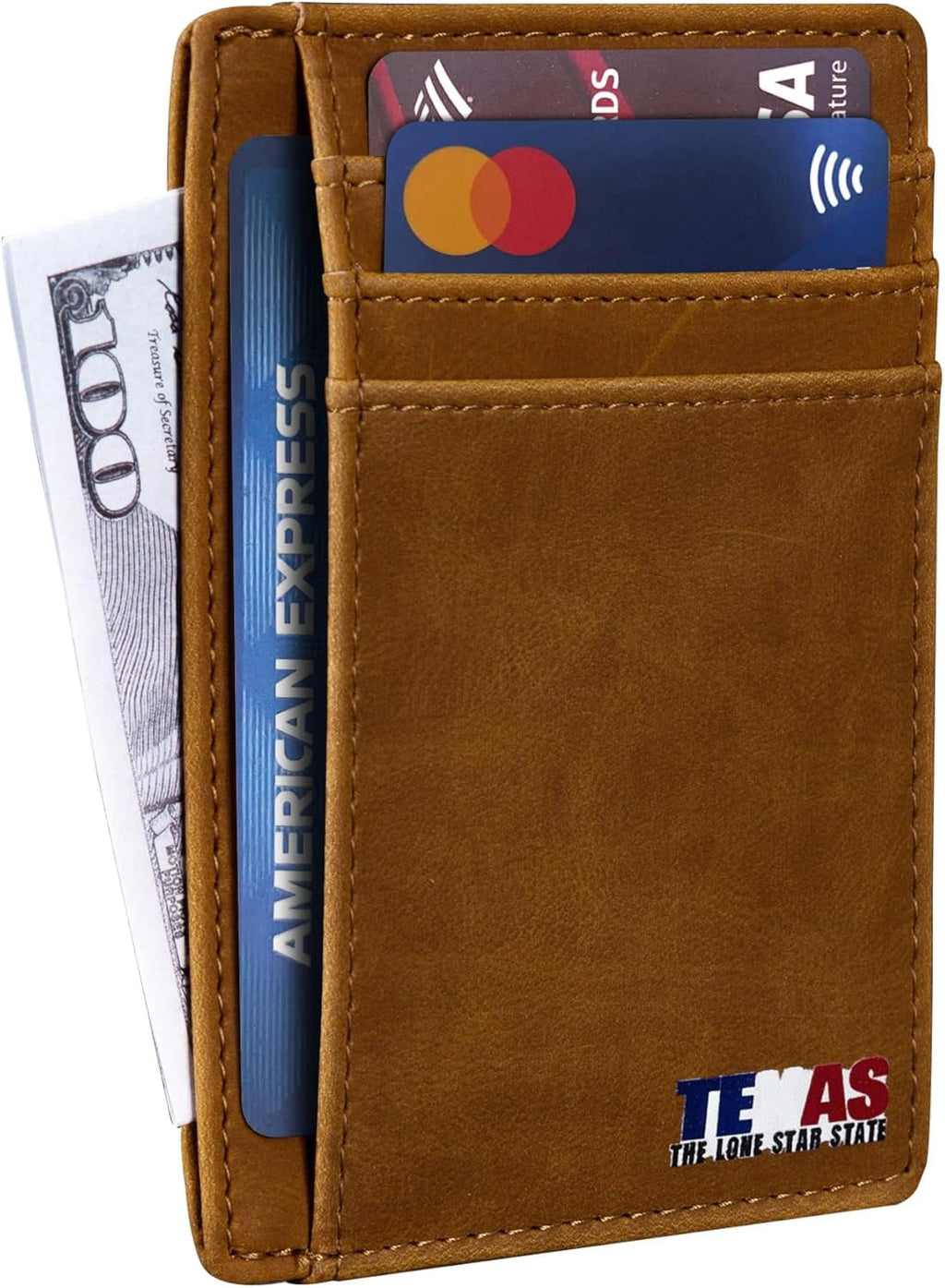 Slim Front Pocket Wallet, PU Leather, Khaki, Card Holder, RFID Blocking with Texas Souvenir Logo, Gift for Texans and... - Image 4
