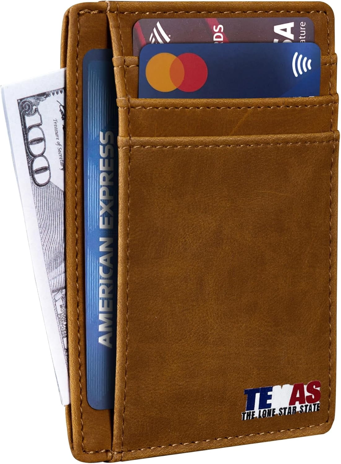 Slim Front Pocket Wallet, PU Leather, Khaki, Card Holder, RFID Blocking with Texas Souvenir Logo, Gift for Texans and... - Image 4