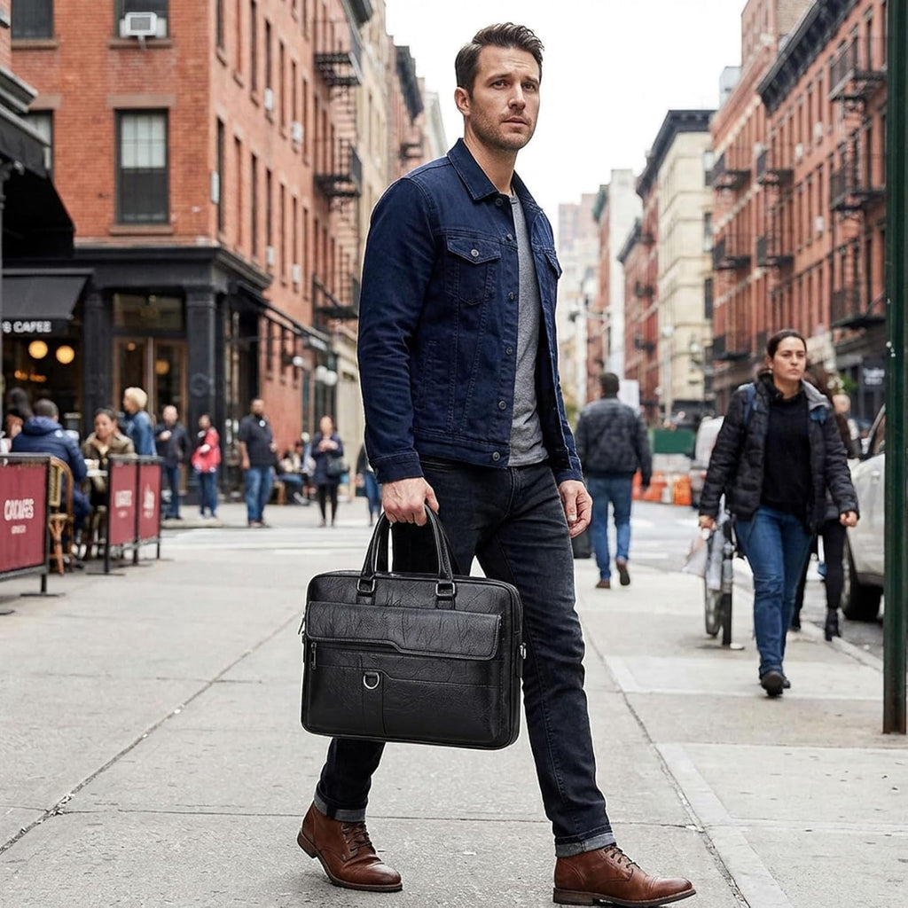 Classic Leather Handbag Briefcase for Men, Business Shoulder Messenger Bag Laptop Bag Attache Case, Fits 15.7 Inch La... - Image 5