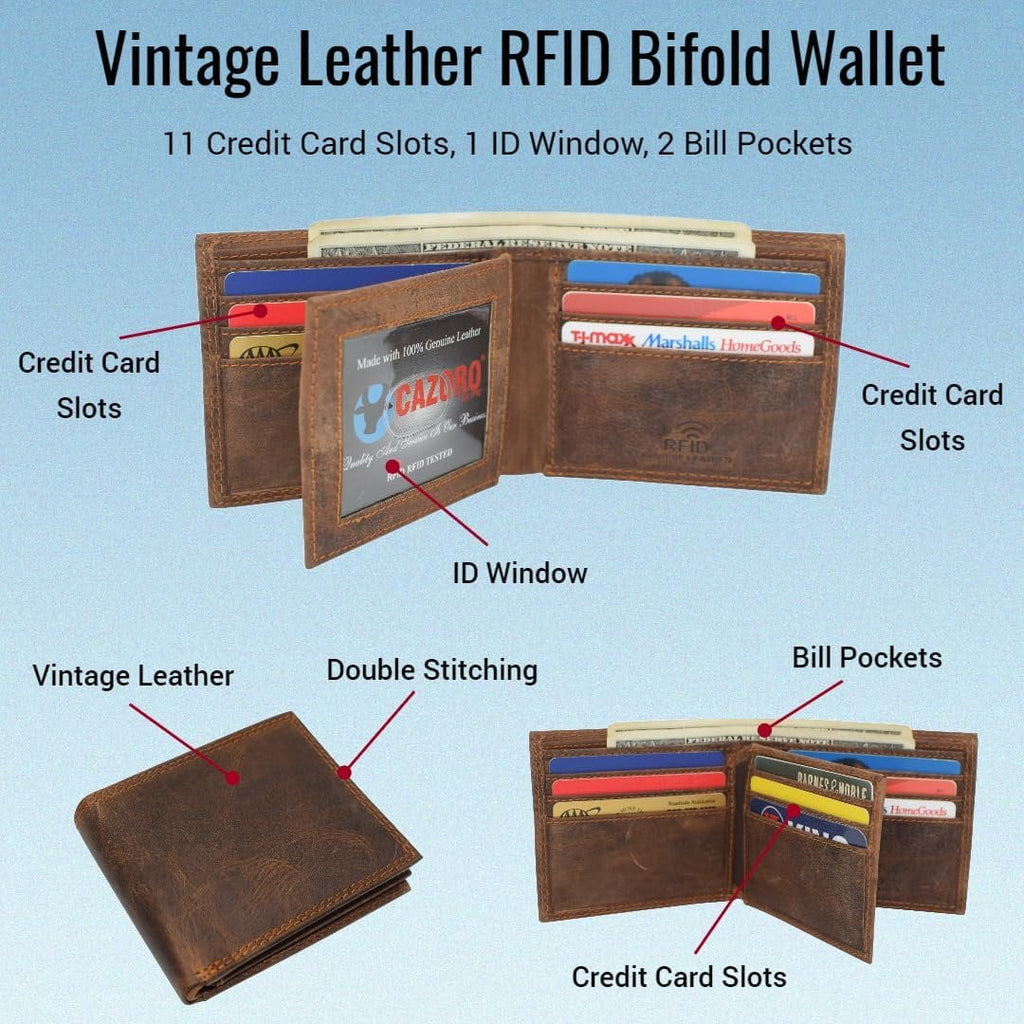 Men's RFID Blocking Vintage Leather Center Flap Bifold Credit Card ID Wallet for Men Brown - Image 2