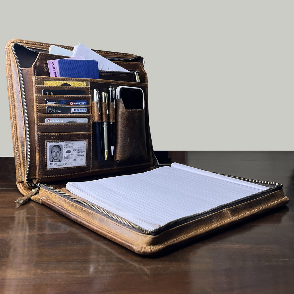 Leather Portfolio for Men - Full Grain Leather Padfolio File Folder - Zipper Folio Documents Organizer - Professional... - Image 6