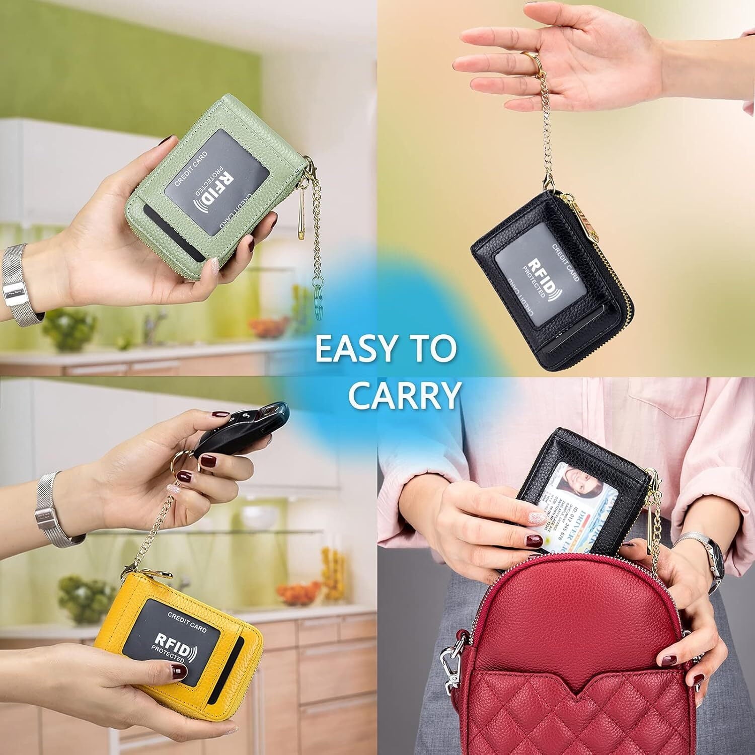 Credit Card Holder, Small RFID Card Wallet Slim Leather Card Case with Keychain & ID Window - Image 6