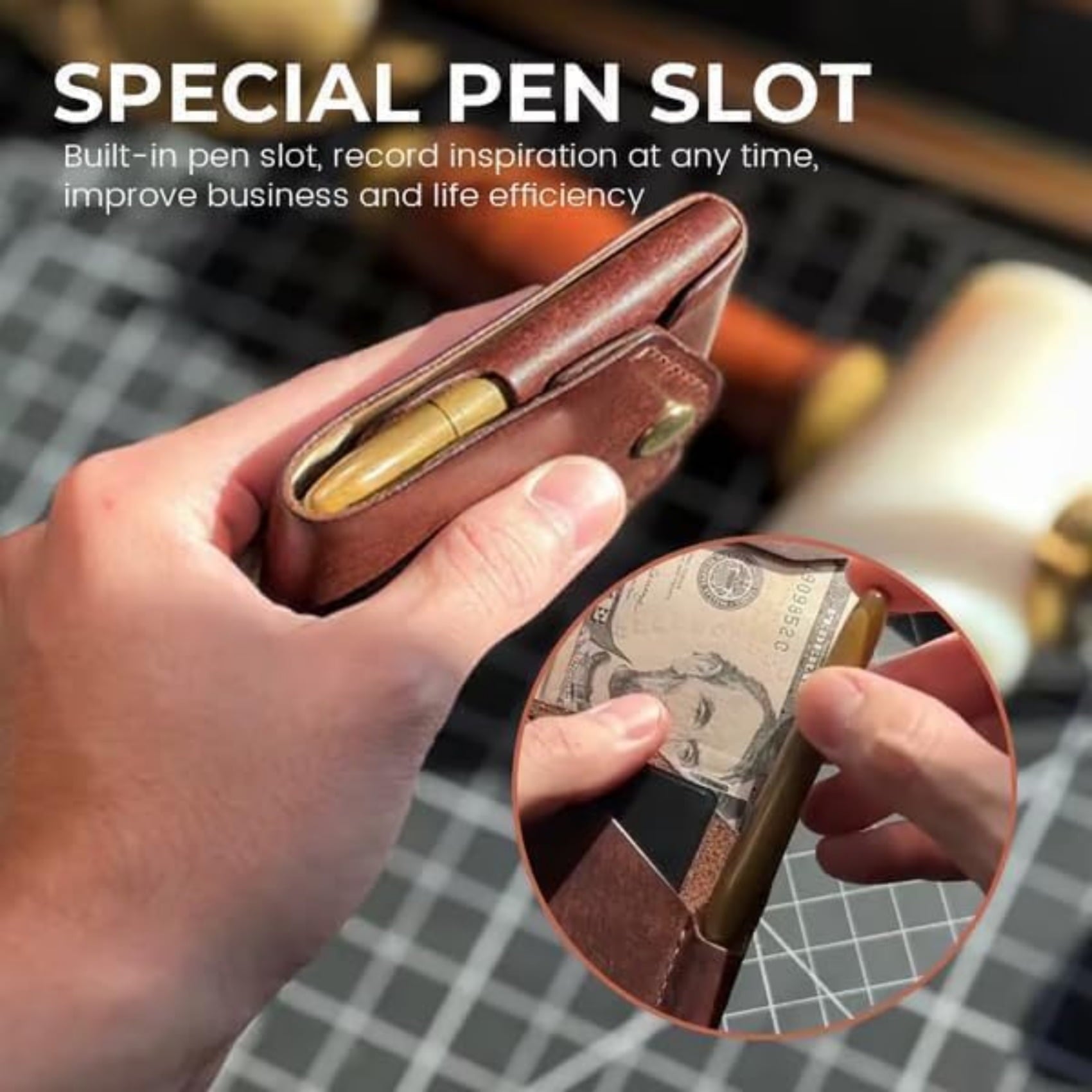 Handmade Leather Card Holder/, Slim Minimalist , Built-In Pen Slot, For Put Flat Banknotes For Daily Commuting, Busin... - Image 4