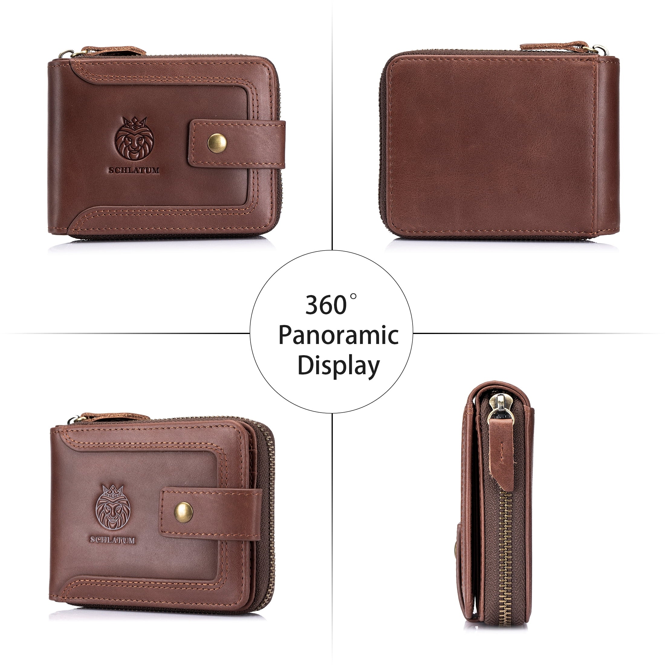 Genuine Leather Zipper Wallet for Men Rfid Blocking Large Capacity Vintage Wallet with Coin Pocket ID Window, Coffee - Image 2