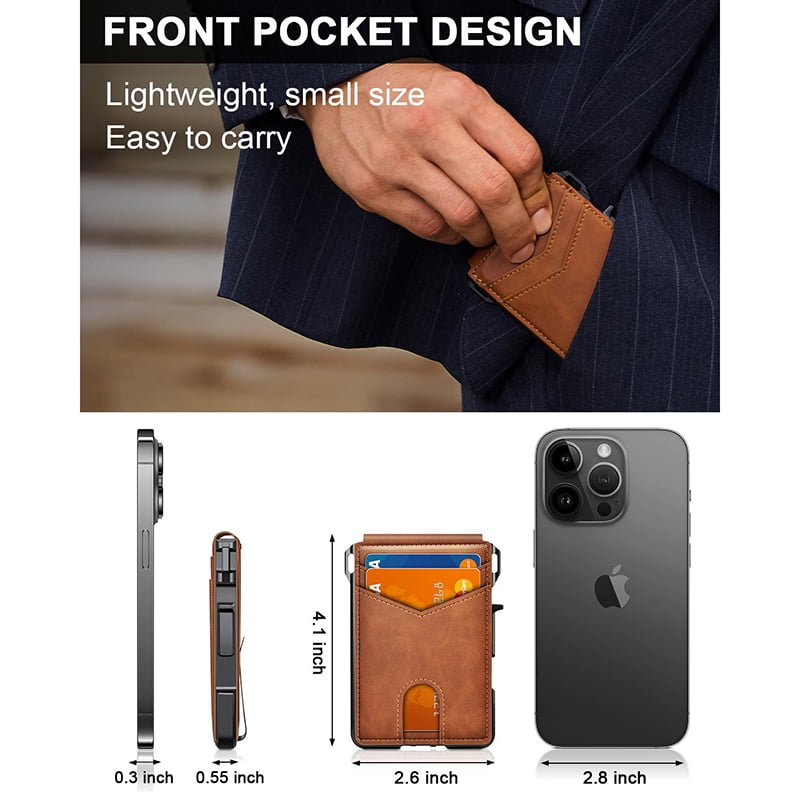 Ultra-Thin Men's Wallet - Brown Anti-Theft Leather Bi-Fold RFID-Blocking Card Holder with Pop-Up Magnetic Aluminum Wa... - Image 3