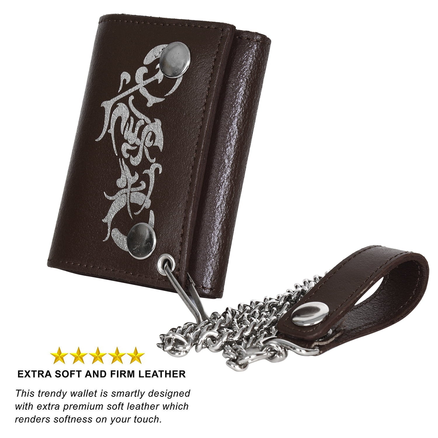 Genuine Leather Men Motorcycle Trifold Wallet Chain Biker, Dark Brown - Image 3