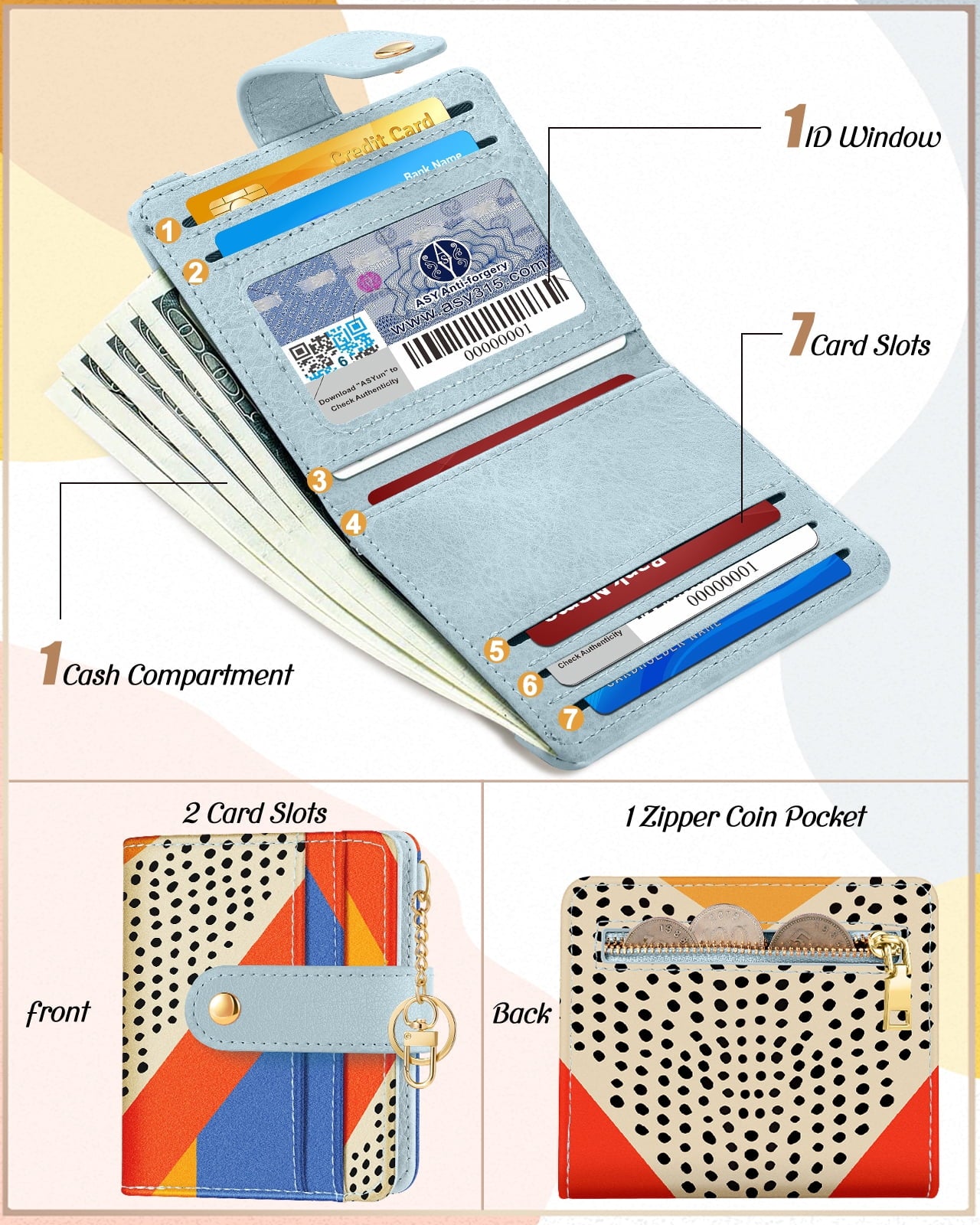 Women Slim Cute Leather Thin Bifold Credit Card Holder Keychain Rfid Small Purse Ladies Girl Female Kawaii Girly Pret... - Image 3