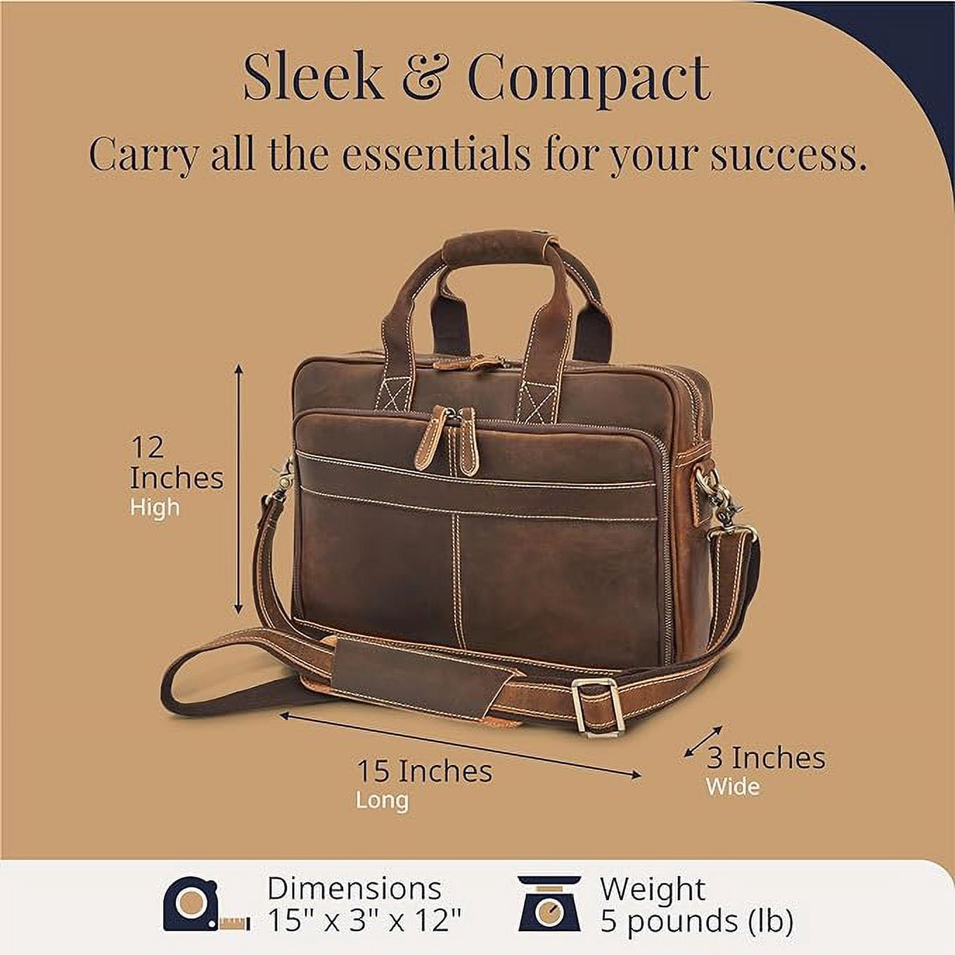 Full-Grain Leather Laptop Briefcase For Men, Leather Bag, Leather Computer Bag For Men - Dark Brown - Image 3