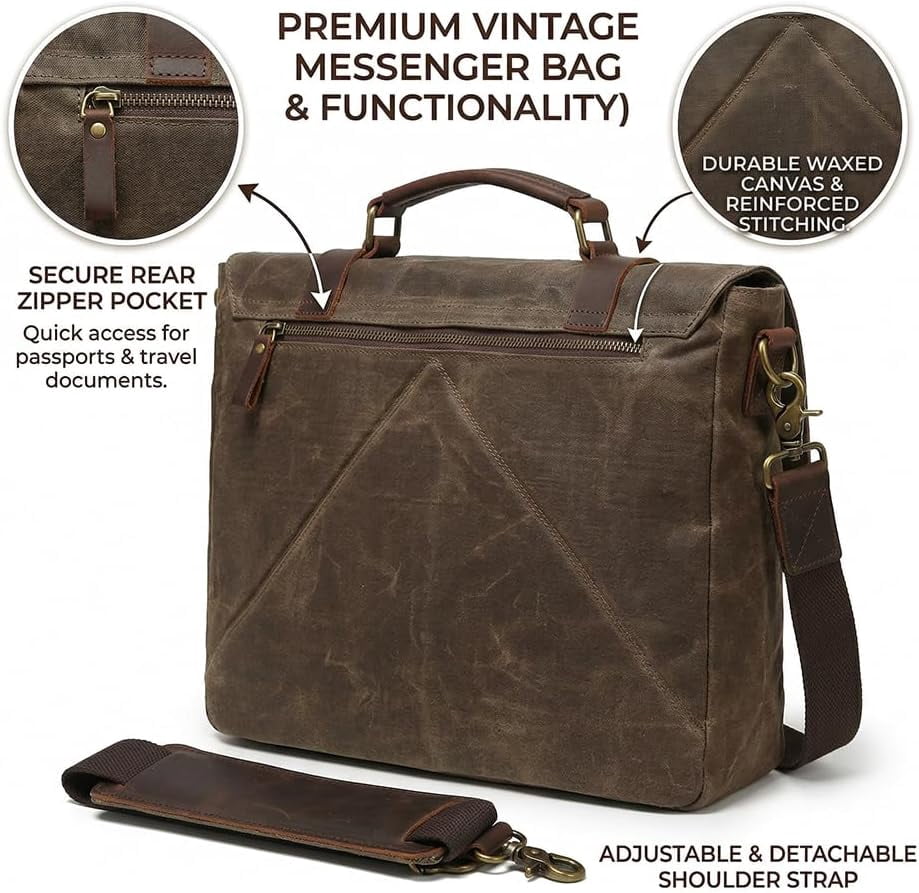 Men's Vintage Leather Messenger Bag 15.6 inch Laptop Briefcase, Waxed Canvas & Genuine Leather, Business Shoulder Satchel - Image 3