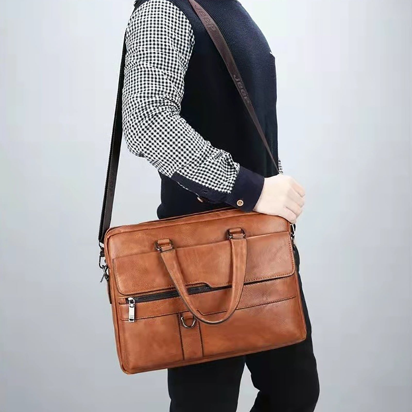 Leather Briefcase for Men Laptop Handbags Large Capacity Retro Work Messenger Crossbody Shoulder Bags - Image 3