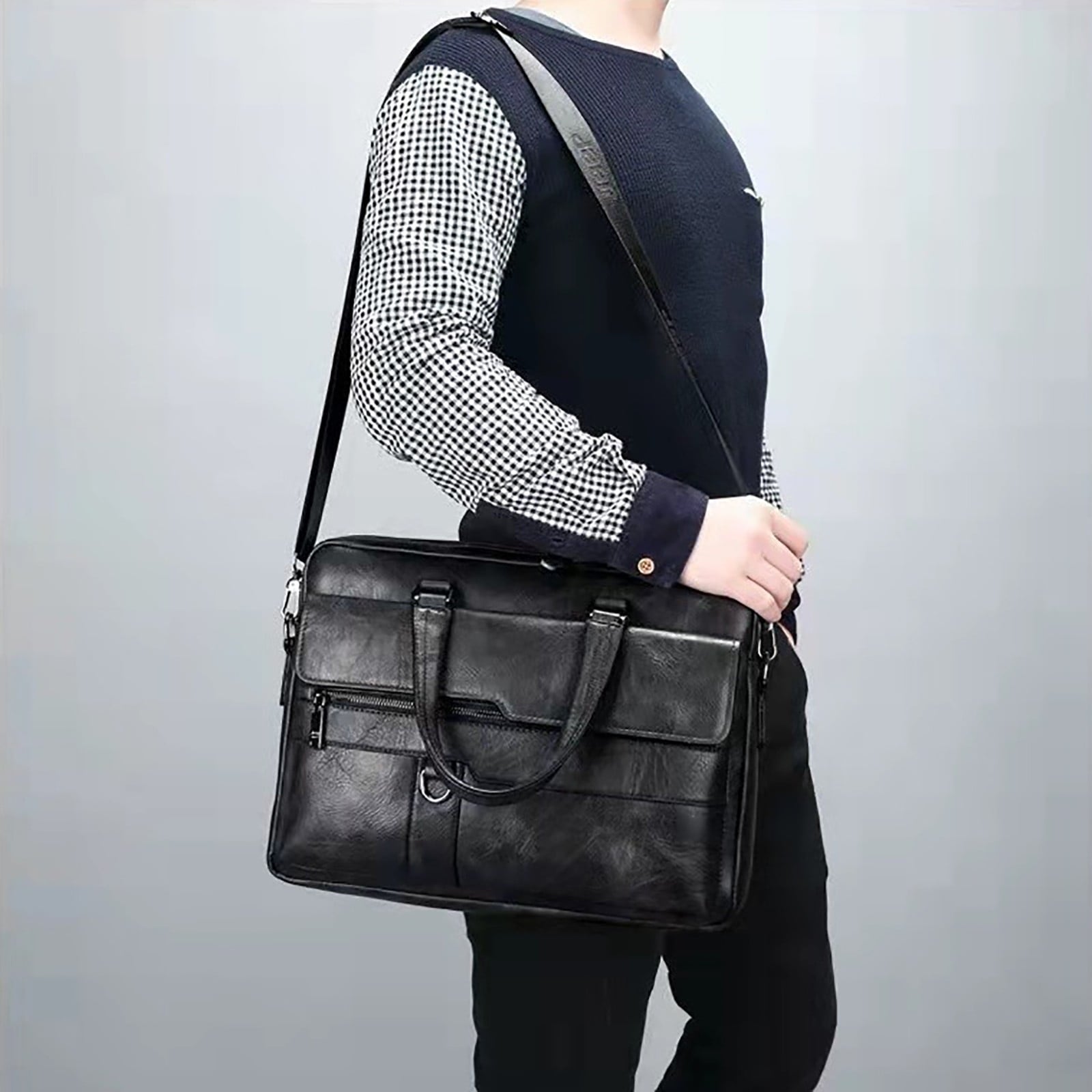 Laptop Messenger Bags Detachable Strap Vintage Computer Crossbody Shoulder Bag for Business Work Black - Image 2