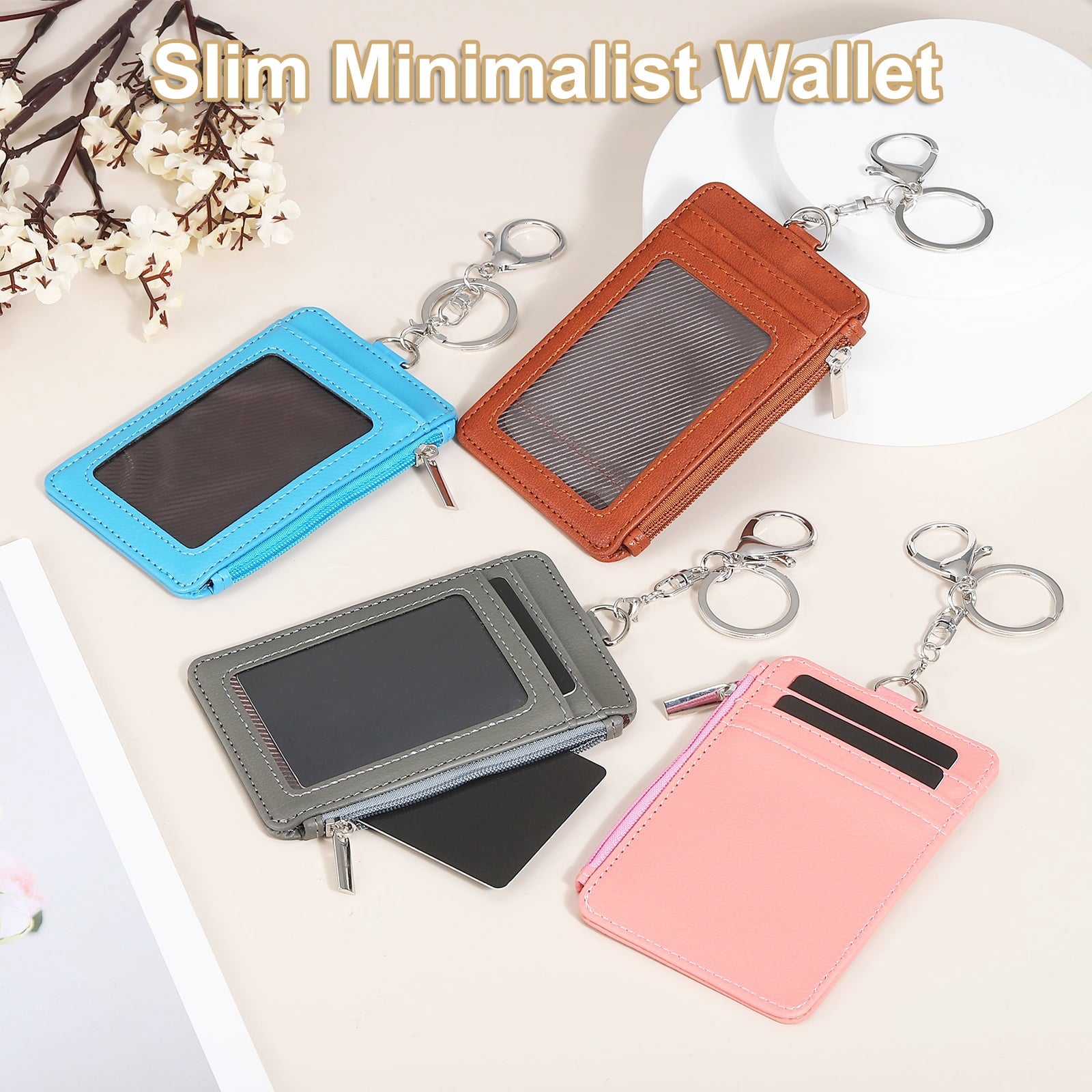 Slim PU Leather Card Holder Wallet with Keychain, Blue - Image 4
