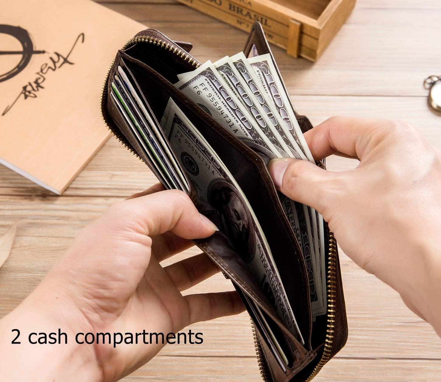 BULLCAPTAIN Men Zipper Around Wallet Genuine Leather RFID Blocking Bifold Large Capacity Coin Purse with ID Window (Black) - Image 5