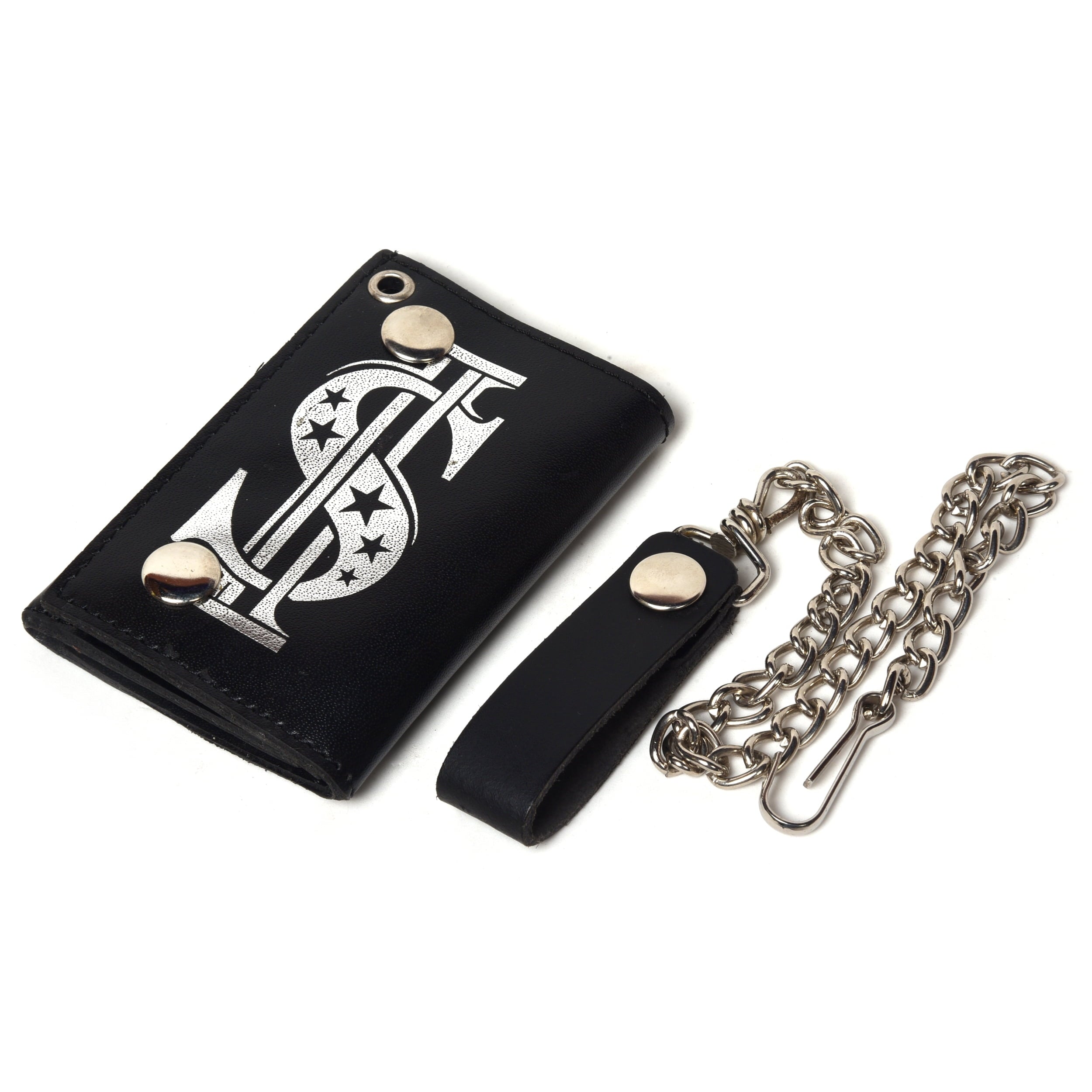 Genuine Leather Men Dollar Trifold Wallet Chain Biker, Black - Image 3