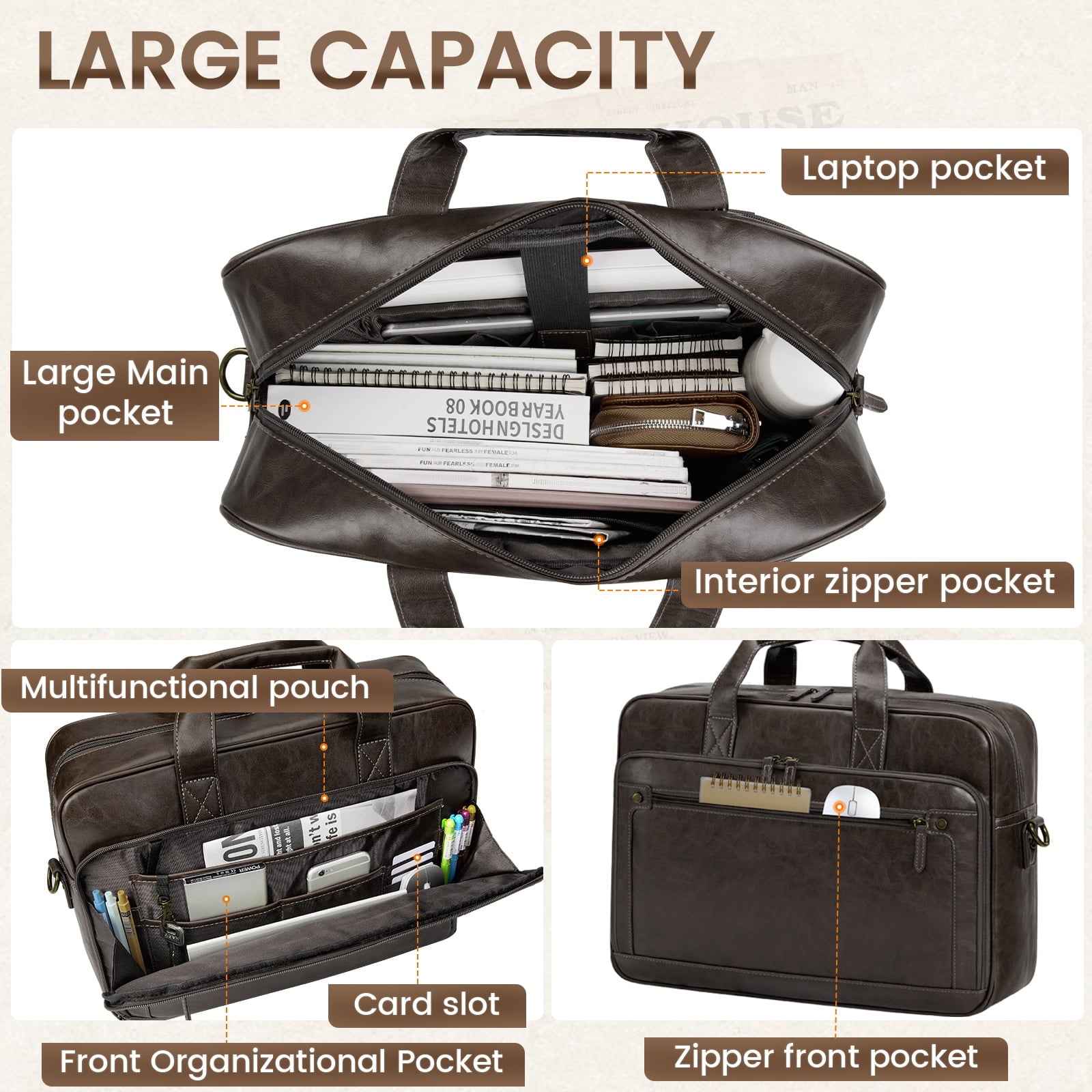 Messenger Bag for Men 16 Inch Laptop Bag Leather Briefcase Vintage Crossbody Shoulder Office Computer Bag Retro College Satchel Bag for Work - Image 2
