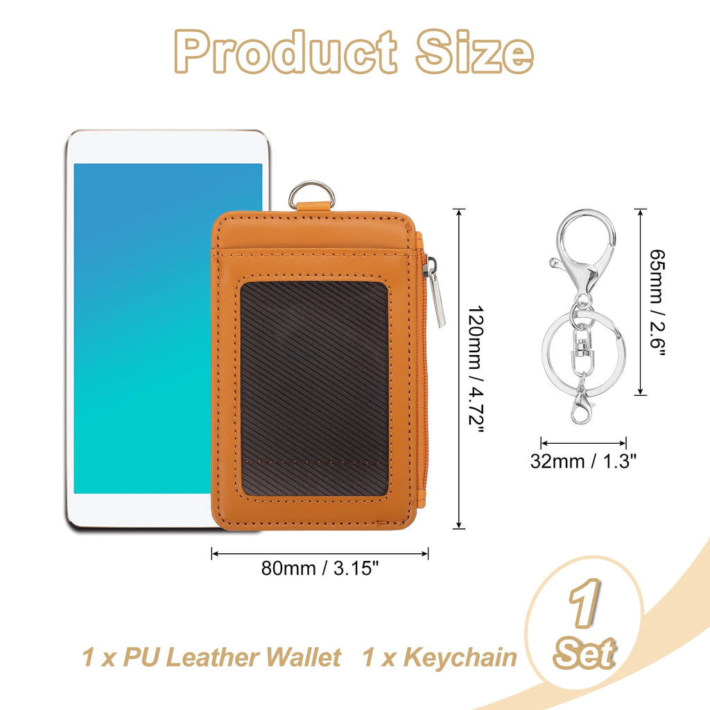 Slim PU Leather Card Holder Wallet with Keychain, Orange - Image 2