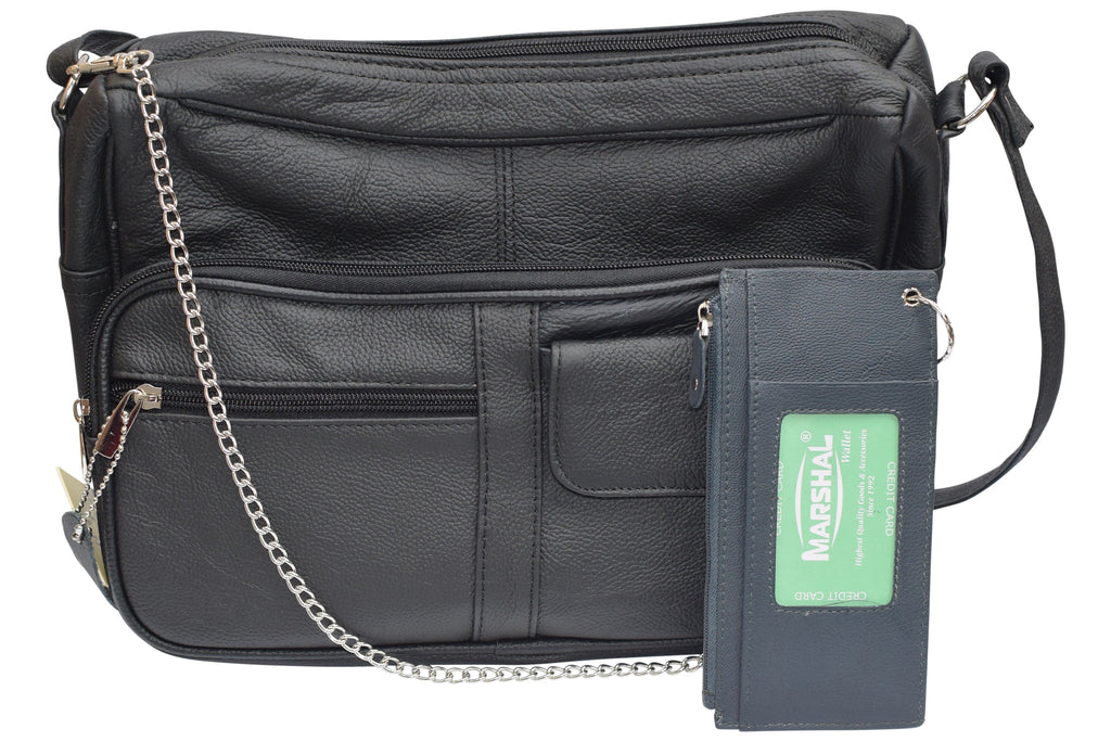 Women's Card Case Holder Slim Wallet with Chain & Card Protection Strap Genuine Leather - Image 2