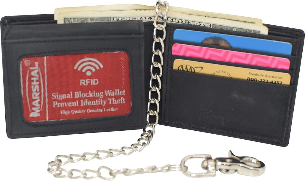RFID Blocking Men's Classic Bifold Vintage Leather Chain Wallet for Men Black - Image 3
