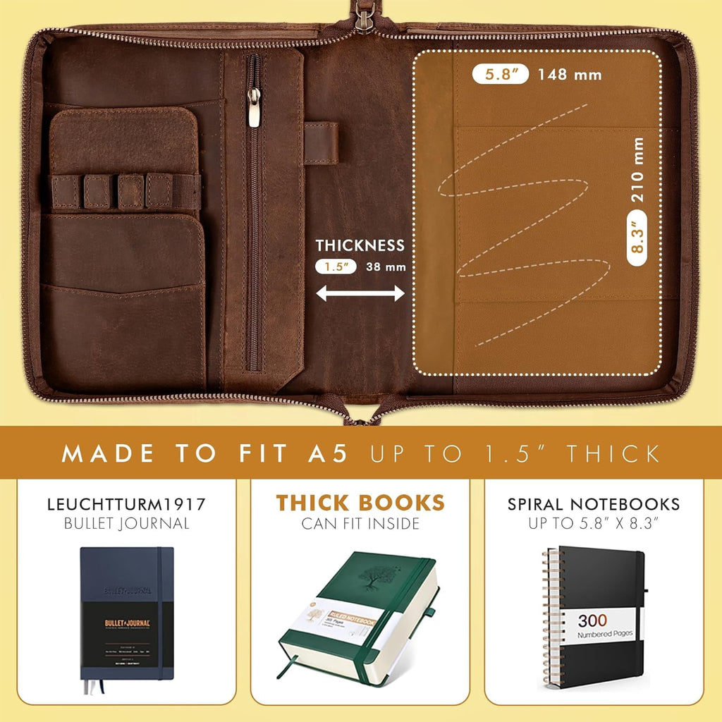Premium Full Grain Leather A5 Portfolio Padfolio with Detachable Pen Holder and Notebook Cover for Business Men and Women - Image 3