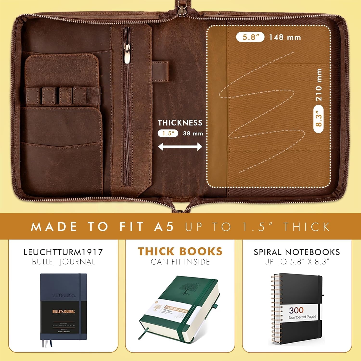 Premium Full Grain Leather A5 Portfolio Padfolio with Detachable Pen Holder and Notebook Cover for Business Men and Women - Image 3