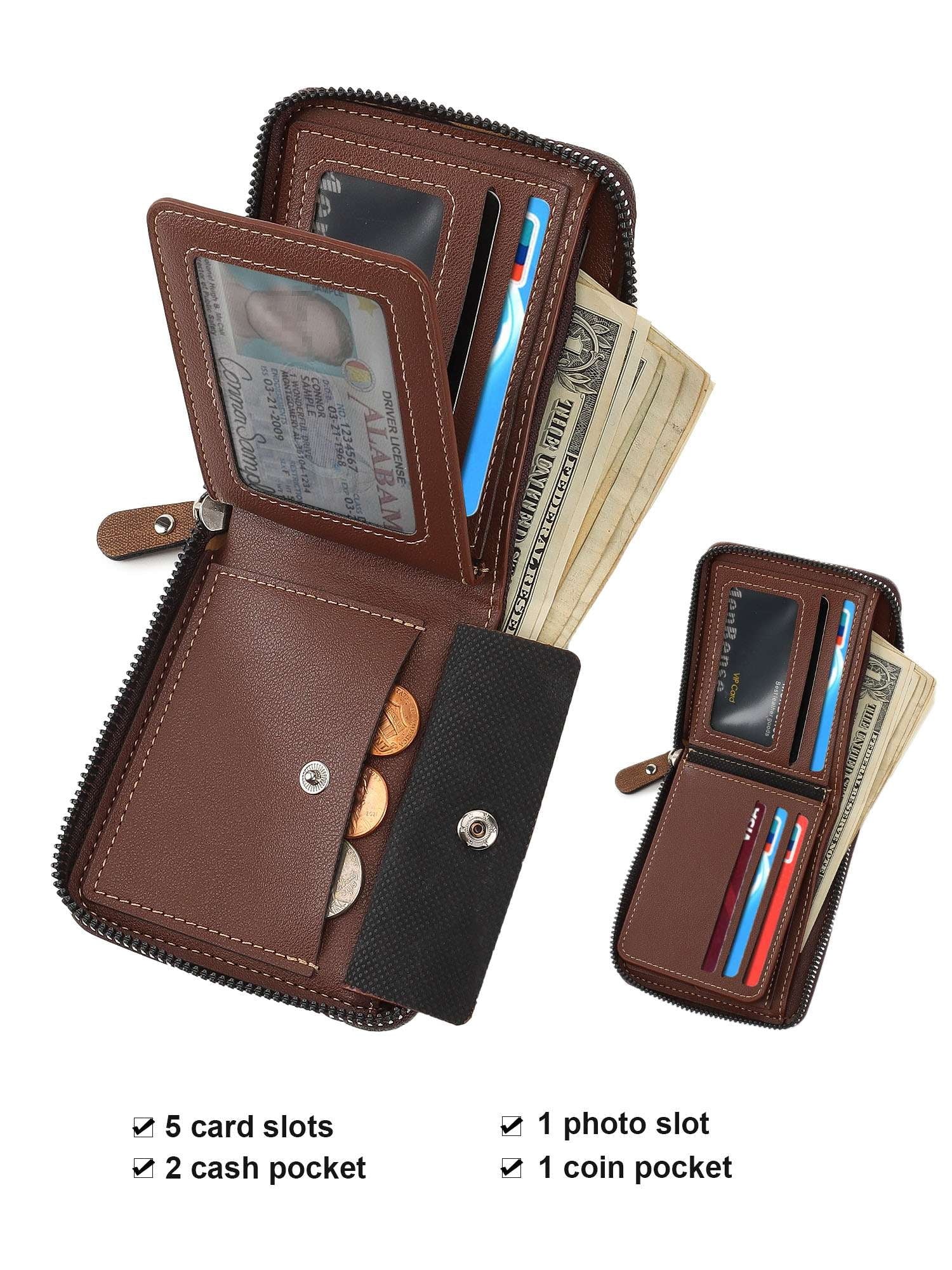 Men's Leather Bifold Wallet, Waterproof RFID Blocking Wallets Zipper Purse with Credit Card Holder ID Window, Black - Image 3
