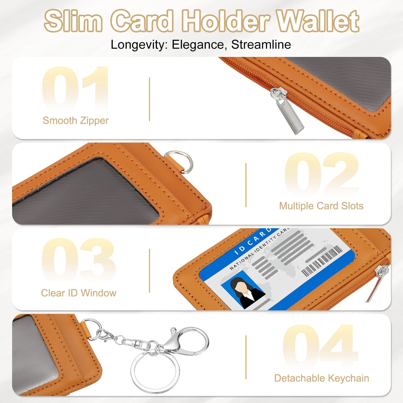 Slim PU Leather Card Holder Wallet with Keychain, Orange - Image 3