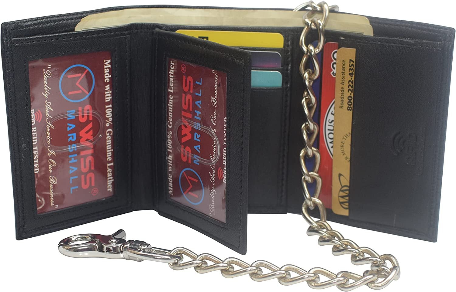 Swiss Marshall Men's RFID Blocking Premium Leather Chain Trifold Wallet Black with 15 inch Nickle Chain - Image 2