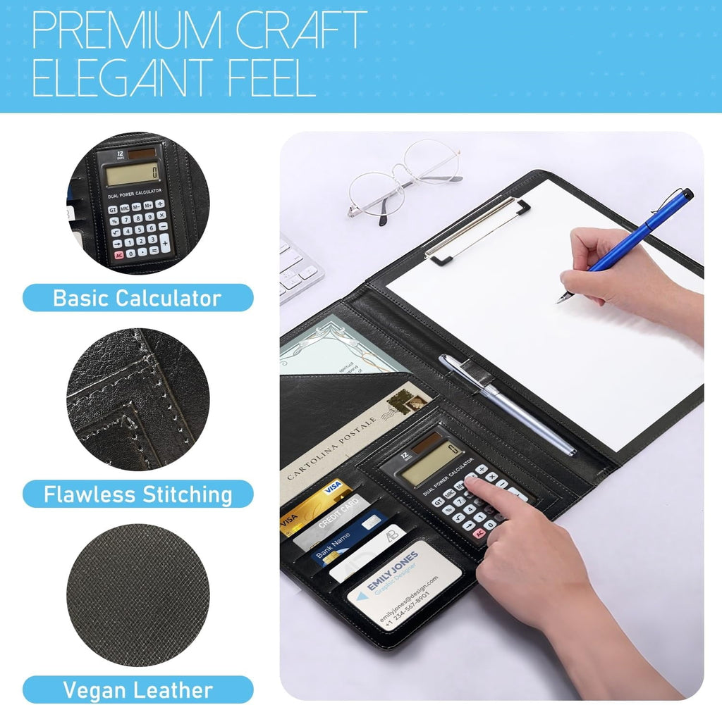 Leather Portfolio with Writing Pad, Professional Business Portfolio Folder Interview Resume Notefolio with Calculator File Folders Card Pock - Image 6